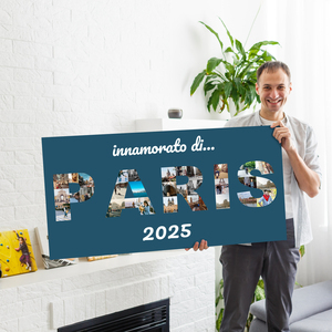 Crea il tuo collage foto nella scritta Parigi su tela: personalizza con anno