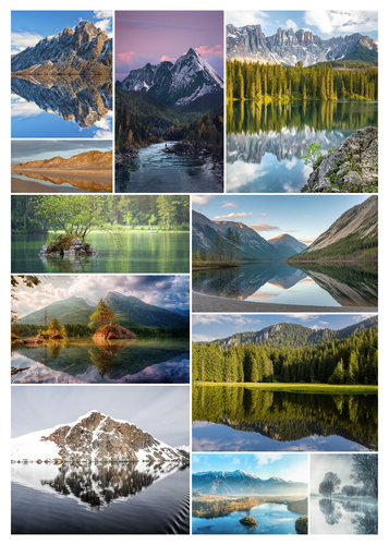 Crea il tuo collage fotografico di paesaggi: spiagge, laghi e monti nevosi, stampa premium